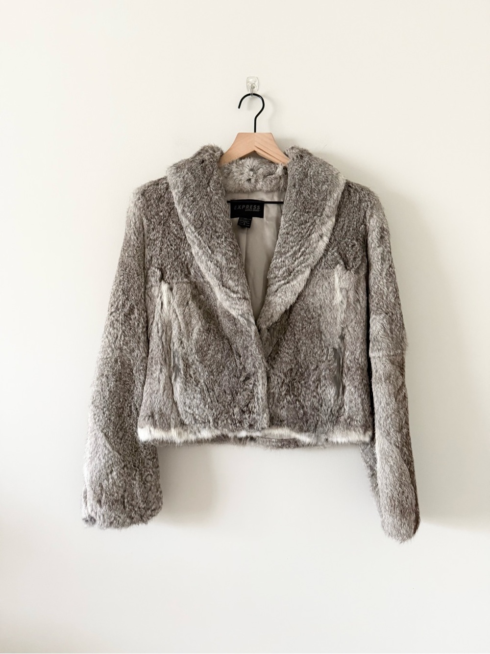 Express Vintage Women's Plush Real Rabbit Fur Jacket in Gray Size S